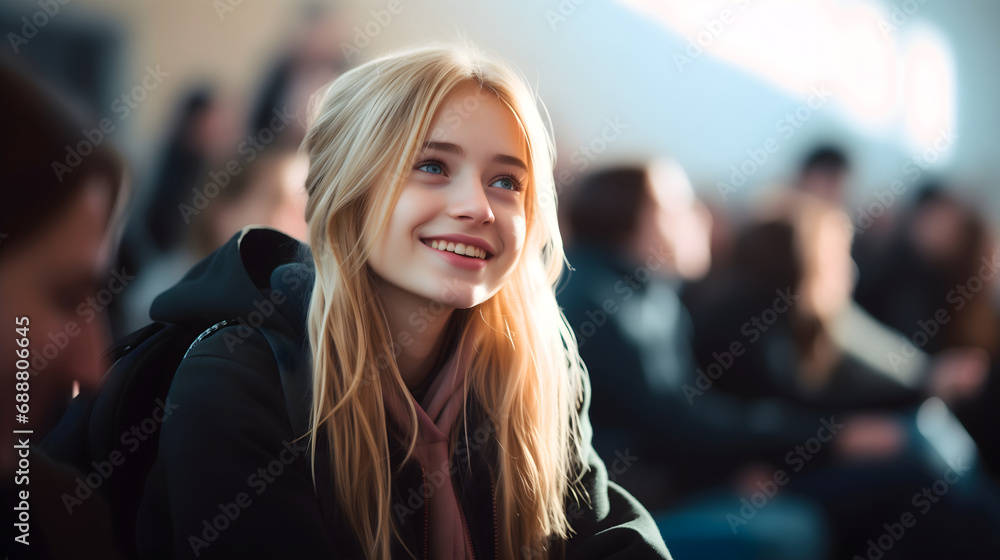 A beautiful young female student with blonde hair sitting in a college classroom, wearing a backpack and smiling. Listening to a university professor teaching a lesson at campus education