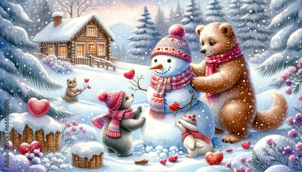 Enchanted winter scene with festive animals building a snowman
