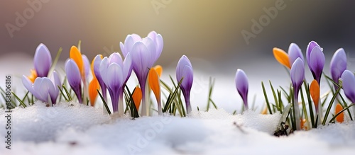 Spring gathering of crocus flowers and miniature snowman in a snowy clearing.