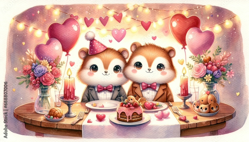 Fototapeta premium Romantic watercolor of two cute animals celebrating Valentine's Day, with heart-shaped balloons, flowers, and candlelit dinner.