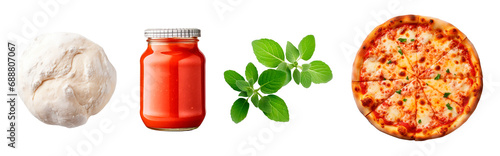 Flour dough, tomato sauce, oregano leaves and pizza over isolated transparent background. Pizza ingredients concept