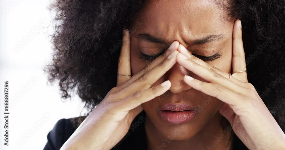 Woman, employee and headache tension in office burnout, vertigo pain or brain fog. Black person, hand and touch stress fatigue work or frustrated pressure migraine or company anxiety, tired or dizzy Woman, employee and headache tension in office burnout, vertigo pain or brain fog. Black person, hand and touch stress fatigue work or frustrated pressure migraine or company anxiety, tired or dizzy