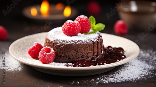 a chocolate cake with raspberries and chocolate sauce