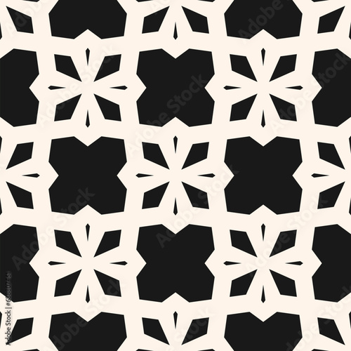 Elegant vector seamless pattern. Abstract black and white geometric grid with floral elements. Simple gothic style background ornament. Repeat texture design for textile, furniture, carpet, decor