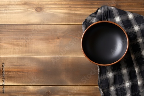 Empty Bowl Mockup, Black Plate on Wooden Table Top View with Copy Space for Text photo