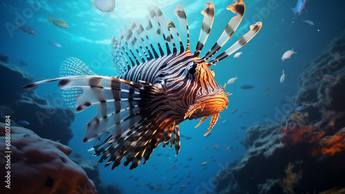 Exquisite Underwater Elegance: Lionfish Posing in Serene Light Blue Waters