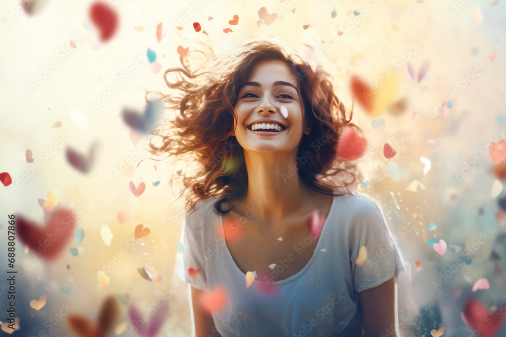 Obraz premium Happy smiling young woman standing under falling confetti
