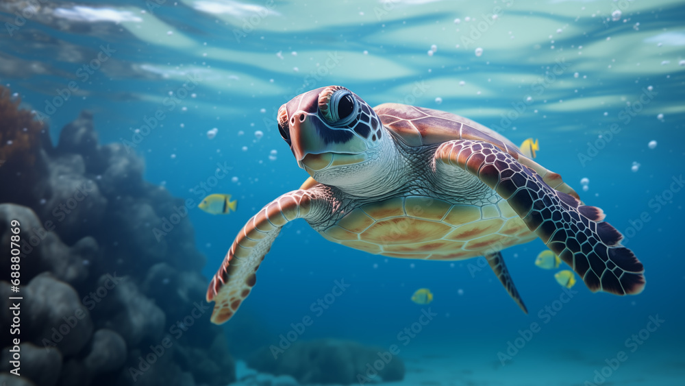 Obraz premium Baby Sea Turtle Swimming Through Blue Waters with Playful Fish in Background