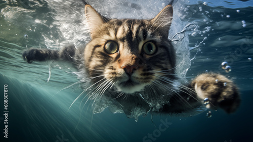 Intriguing Underwater Cat: Close-Up of a Calm Feline Swimming Toward the Camera