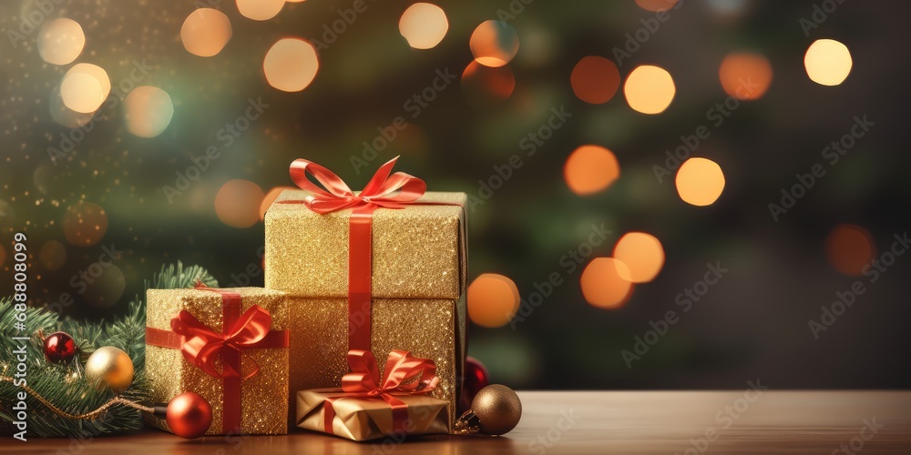 Decorated Christmas Tree, Gold Red Gift Boxes, Christmas Decorations, Shiny Garland Decorated Christmas Tree, Gold Red Gift Boxes, Christmas Decorations, Shiny Garland