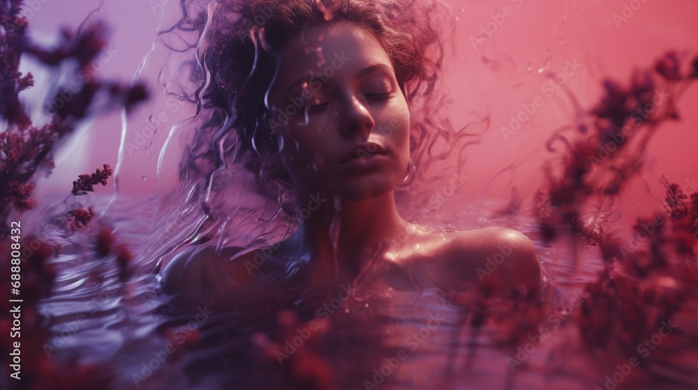 A double color exposure artwork of a girl, half bathed in the tranquility of lavender, half in the tempest of scarlet, embodying her calm and ire.