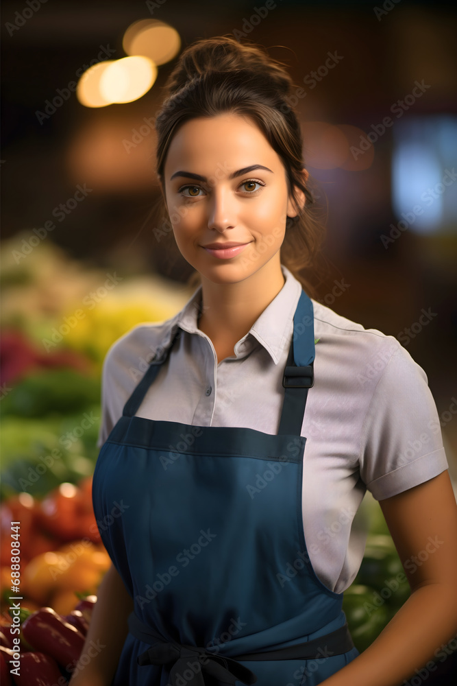 A beautiful young smiling girl seller in supermarket or grocery store, looking at the camera, standing in front of the stands with fresh organic vegetables for healthy lifestyle