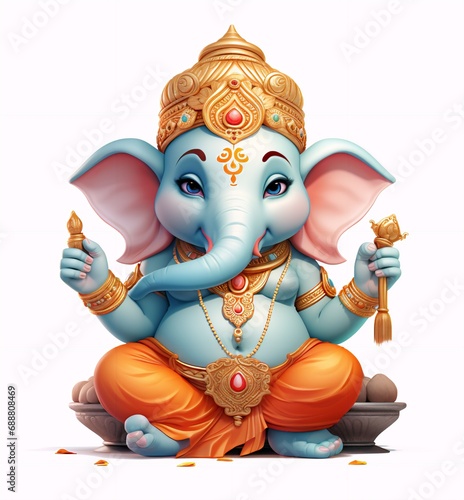 Little cute Ganesha, religious traditional god elephant blue color in cartoon character isolated on white background