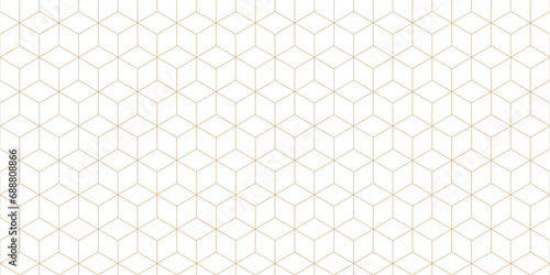 Fototapeta Naklejka Na Ścianę i Meble -  Luxury seamless pattern with geometric hexagonal lattice, 3d cube. Simple thin gold lines texture on white background. Vector abstract repeat ornament. Minimalist geo design for decor, wallpaper, web