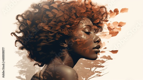 A double exposure creation illustrating an African American womana??s countenance, her curls flowing into the delicate veins of leaves, echoing the interconnectedness of human and nature. photo