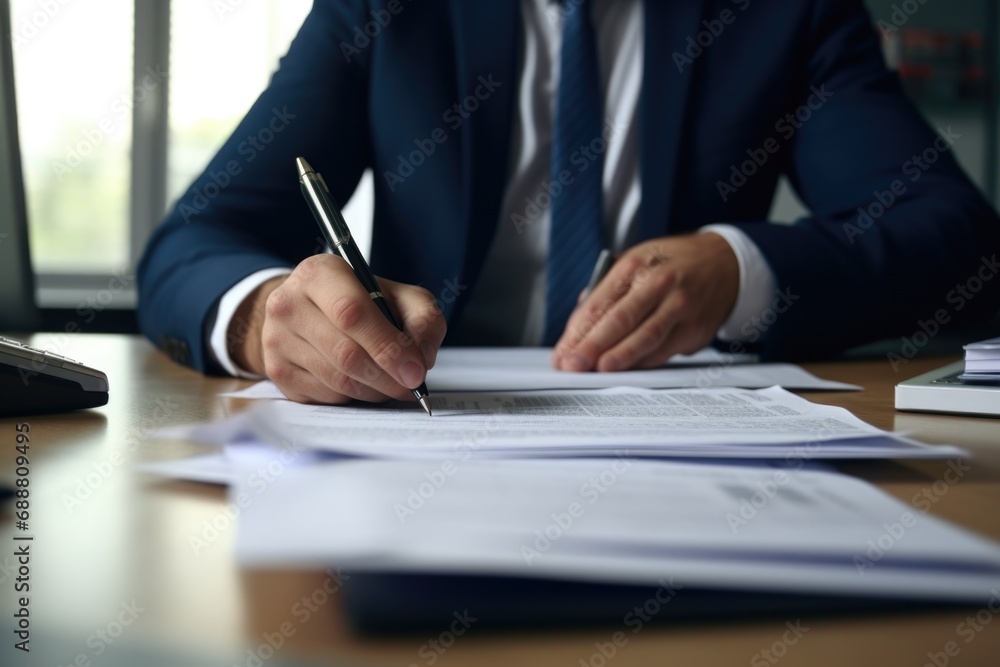 A man in a suit writing on a piece of paper. Suitable for business, office, or education-related concepts A man in a suit writing on a piece of paper. Suitable for business, office, or education-related concepts