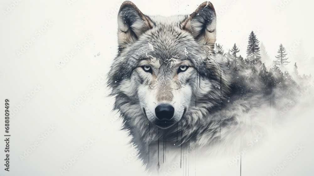 A double exposure rendering that features the intense gaze of a wolf, its facial details etched against a pure white background, embodying the stark beauty of the wilderness. A double exposure rendering that features the intense gaze of a wolf, its facial details etched against a pure white background, embodying the stark beauty of the wilderness.