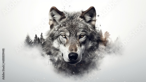 A double exposure rendering that features the intense gaze of a wolf, its facial details etched against a pure white background, embodying the stark beauty of the wilderness. photo