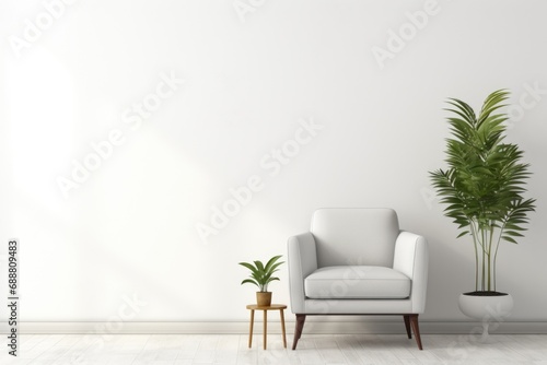 A white chair is seen sitting next to a potted plant. This versatile image can be used to depict relaxation, interior design, home decor, or even outdoor seating arrangements