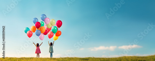 Rear view of happy boy and girl with colorful balloons standing on green grass against cloudy blue sky outdoor