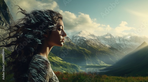 A fusion of femininity and rugged nature as a womana??s poised image is superimposed with the layered vistas of a mountain range at sunrise. photo
