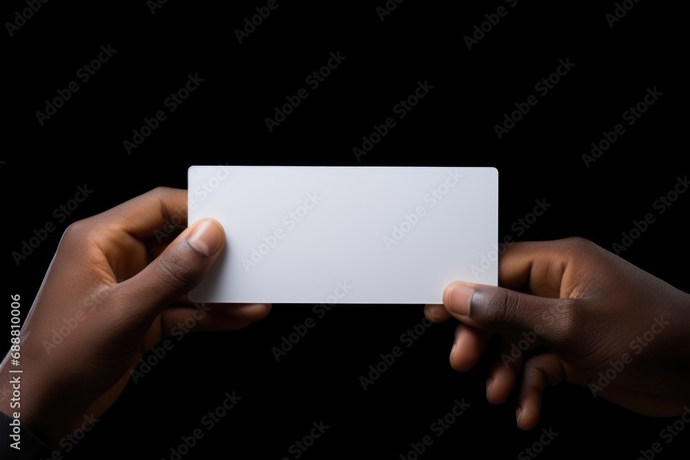 Hands holding a white business card against a black background. Perfect for business presentations or networking events Hands holding a white business card against a black background. Perfect for business presentations or networking events