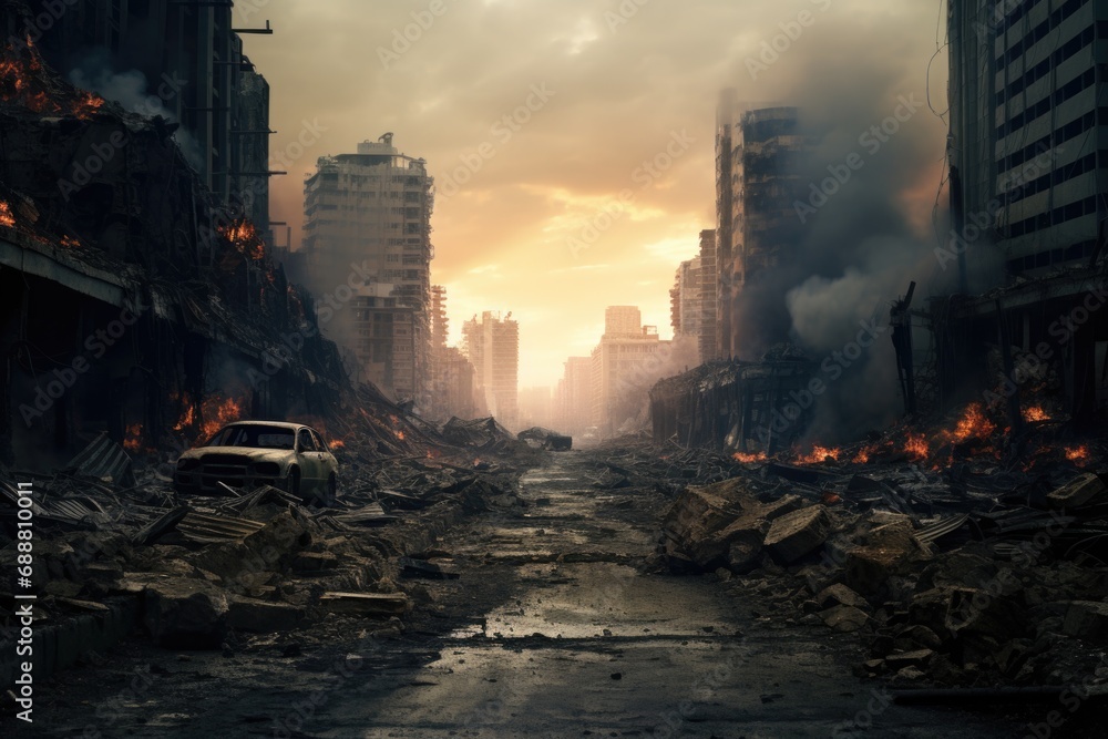 A car is seen driving through the ruins of a once thriving city. This image can be used to depict post-apocalyptic scenarios or the aftermath of a disaster