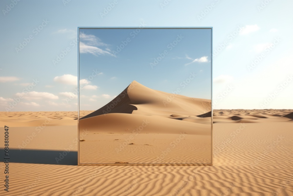 A large mirror placed in the vast expanse of a desert, reflecting the barren landscape. Perfect for conceptual and surreal art projects - obrazy, fototapety, plakaty 