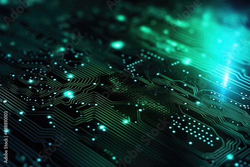 A detailed close up view of a computer circuit board. This image can be used to illustrate technology, electronics, or computer hardware concepts