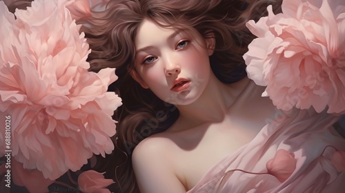 A girl's svelte shadow, her hair and complexion infused with the soft texture and pastel palette of pink camellias, evoking a dreamlike fusion.