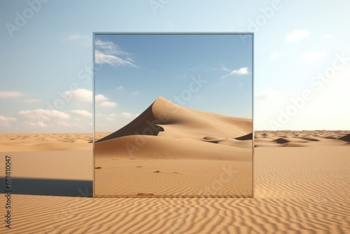 A large mirror placed in the vast expanse of a desert, reflecting the barren landscape. Perfect for conceptual and surreal art projects photo