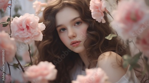 A girl's svelte shadow, her hair and complexion infused with the soft texture and pastel palette of pink camellias, evoking a dreamlike fusion.