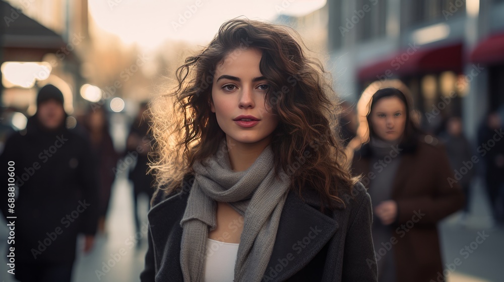 candid photo portrait of beautiful woman on busy street