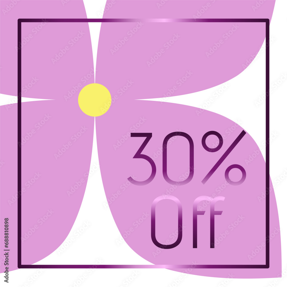 30% off. Discount. Purple frame with metallic effect. Lilac flower in the background.