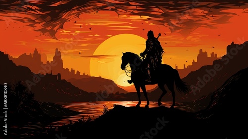 A horseback knight in silhouette, his armor transitioning into a medieval tapestry depicting epic battles and legends.