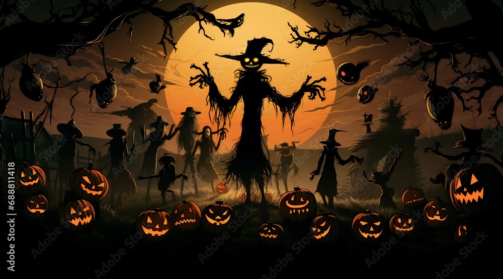 scarecrows with pumpkins, in the style of flowing silhouettes, comic scarecrows with pumpkins, in the style of flowing silhouettes, comic