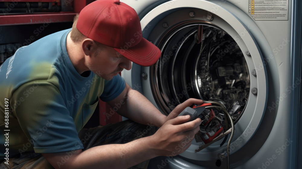 Focused plumber with tools repairing the internals of a washing machine. Focused plumber with tools repairing the internals of a washing machine.