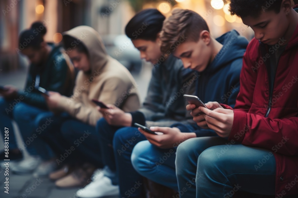 A group of people sitting on a bench, engrossed in their phones. This image can be used to depict technology addiction or social media obsession - obrazy, fototapety, plakaty 