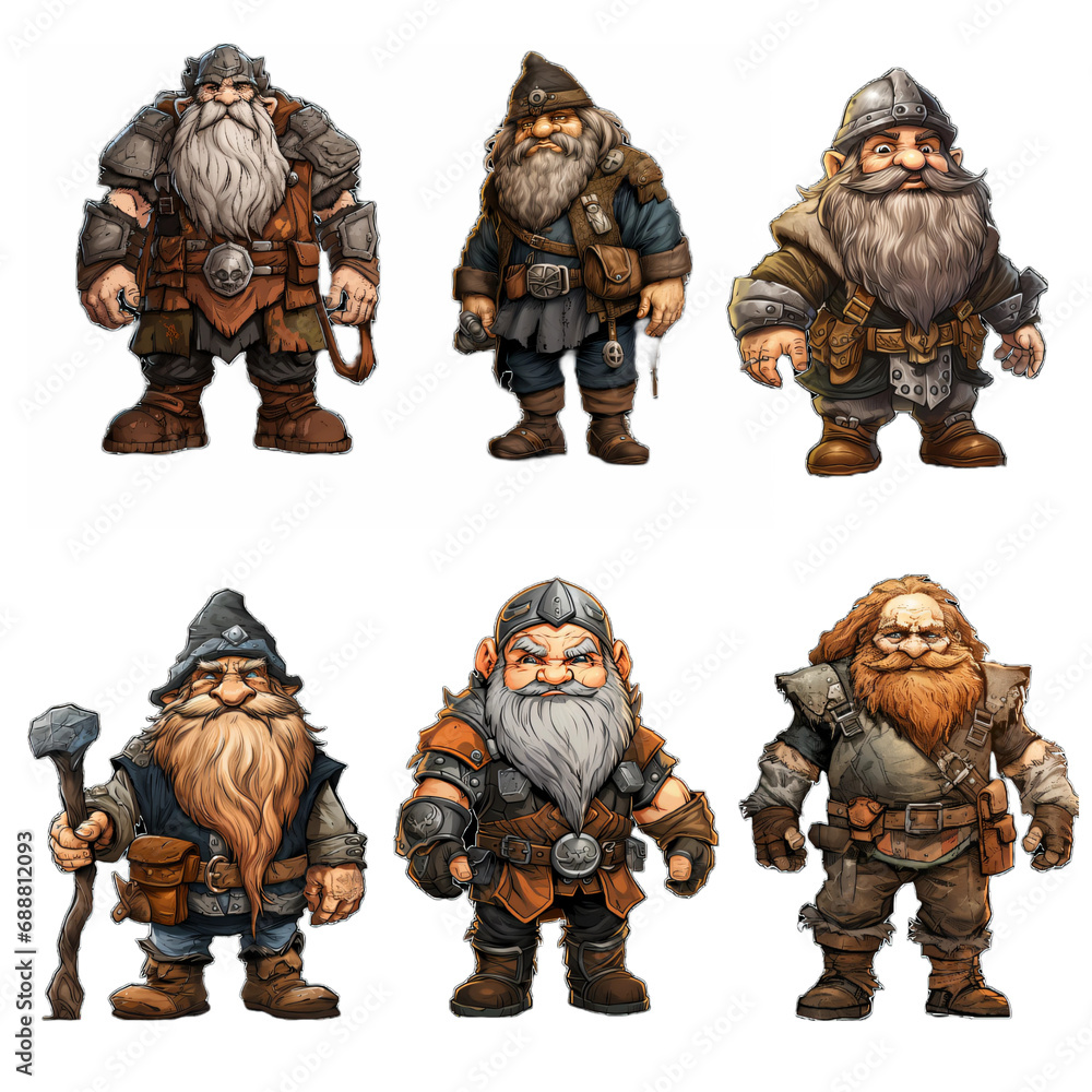 A set of six dwarves in PNG format with a transparent background. A set of six dwarves in PNG format with a transparent background.