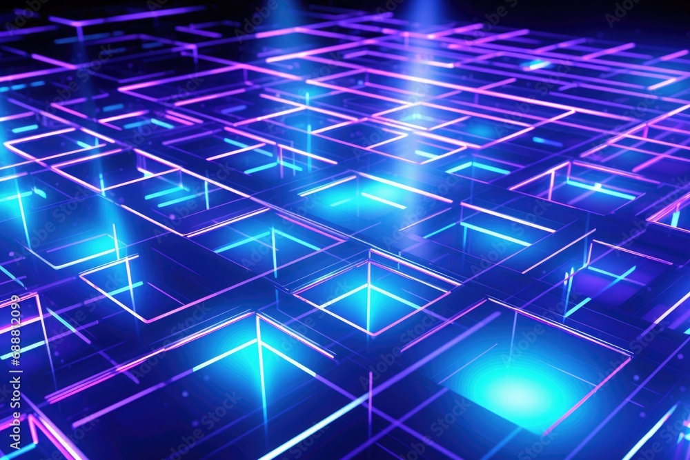 A mesmerizing blue and purple glowing maze in a dark room. Perfect for creating a mysterious and captivating atmosphere.