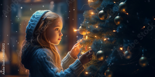 SUBJECT: Girl, ACTION: decorates the Christmas tree, OBLECT: Christmas tree, MOOD: happy, LIGHTING: warm ENVIRONMENT: room, TAGS: room, Christmas tree, happy, realistic style, cinematic