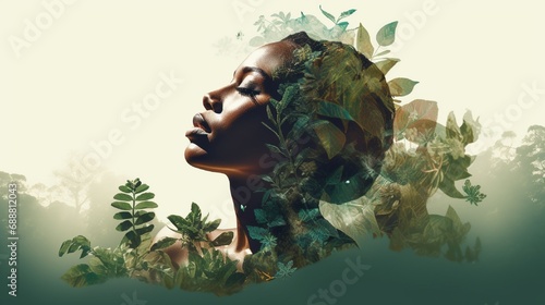 A mesmerizing double exposure image capturing the essence of an African American woman, her profile seamlessly intertwined with the lush verdancy of summer foliage.