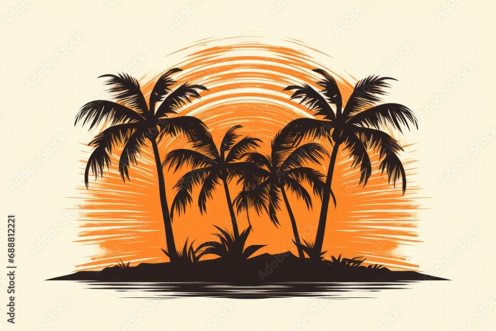 A picturesque sunset with palm trees on a small tropical island. Perfect for travel brochures and vacation advertisements