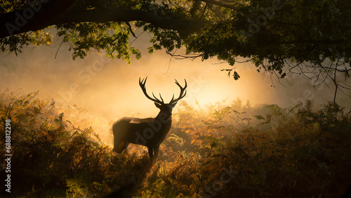 Majestic red deer in misty UK woodland during autumn rut photo