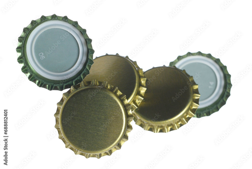 New golden bottle cap for beer in flying, isolated on white, clipping path, macro New golden bottle cap for beer in flying, isolated on white, clipping path, macro