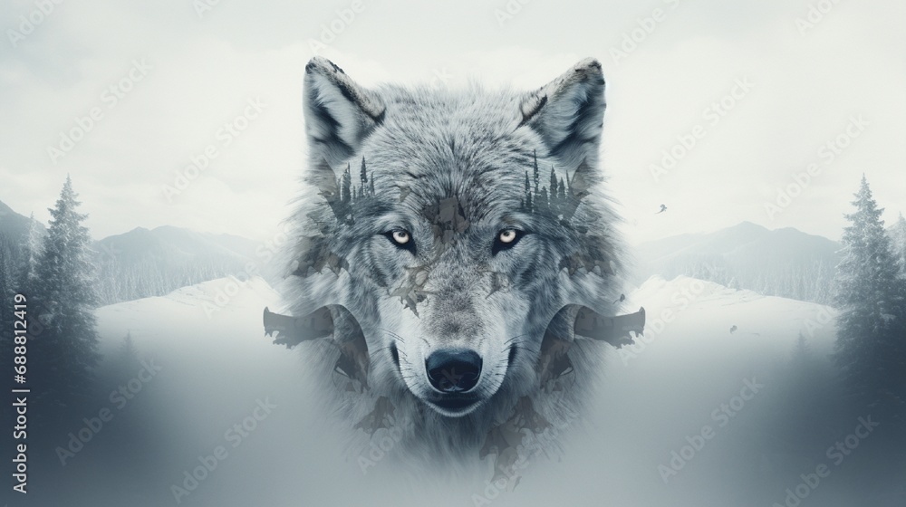 A meticulously crafted double exposure that captures the essence of a wolf's face, with every fur detail standing out against an immaculate white environment. A meticulously crafted double exposure that captures the essence of a wolf's face, with every fur detail standing out against an immaculate white environment.
