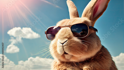 small white rabbit wearing sunglasses and standing on a sandy beach