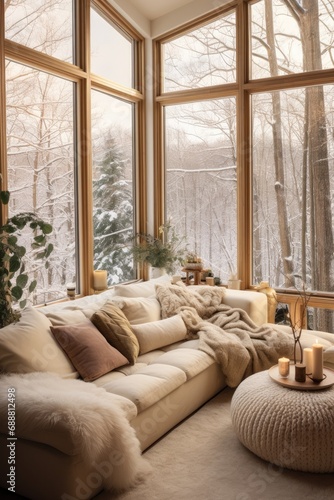 A cozy living room with windows, snow scenes © piai