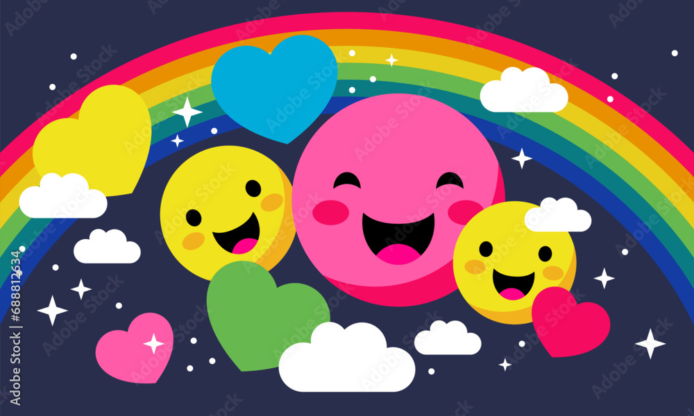 Retro hearts and positive emotions on rainbow sky background in trendy y2k psychedelic style. Super cute design Retro hearts and positive emotions on rainbow sky background in trendy y2k psychedelic style. Super cute design