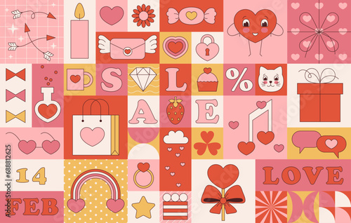 Valentines Day banner template. Special offer layout in bauhaus style with geometric elements, symbols. Modern trendy design for flyers, ads, vouchers, promo offers. Vector Valentines marketing. Love
